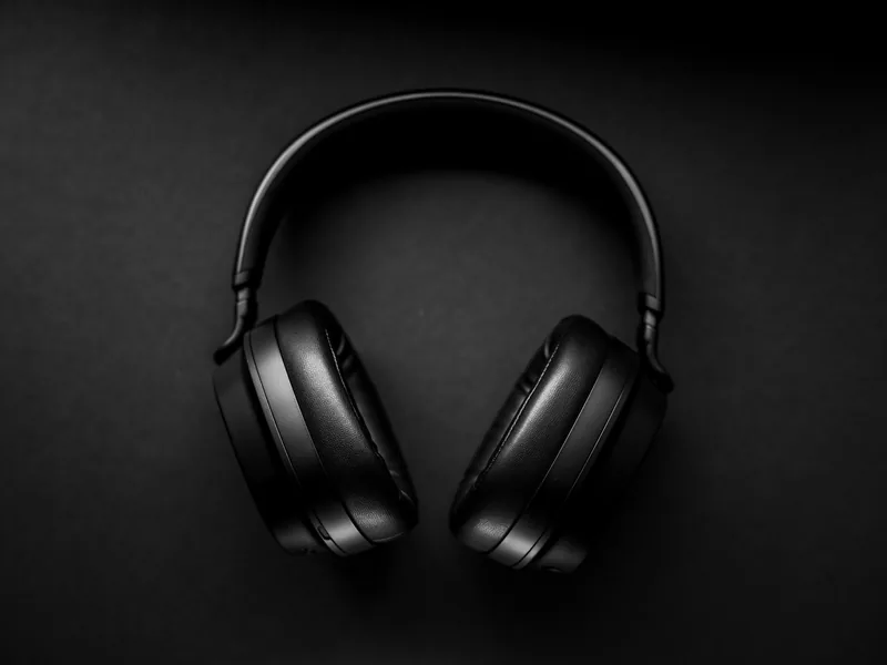 A pair of black over-ear headphones on a dark surface