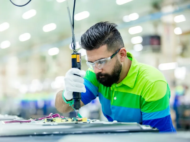 An engineer in safety glasses assembling electronics on a factory line